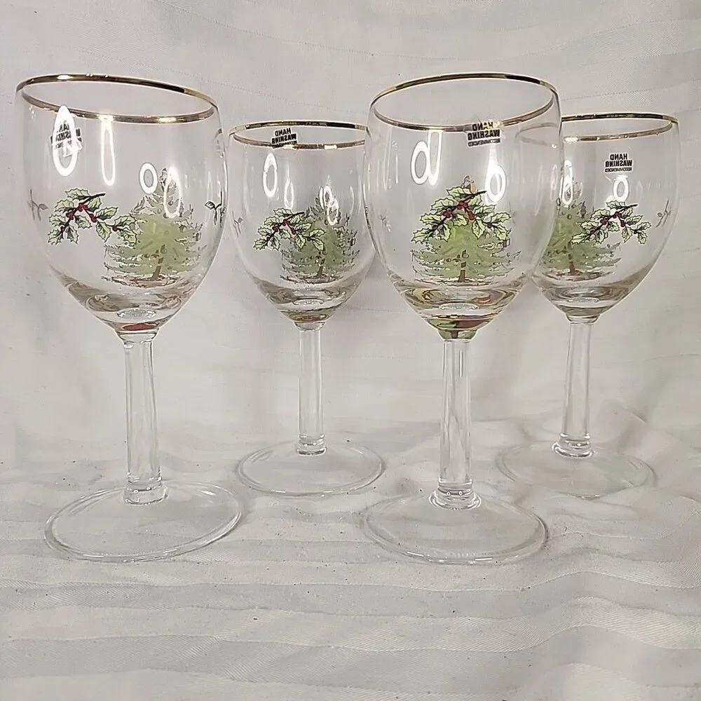 Spode Christmas Tree Wine Glasses 13 Ounce with Gold Rims, Set of 4 NEW